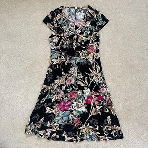 Black floral print fit & flare midi dress stretchy women's size XXL